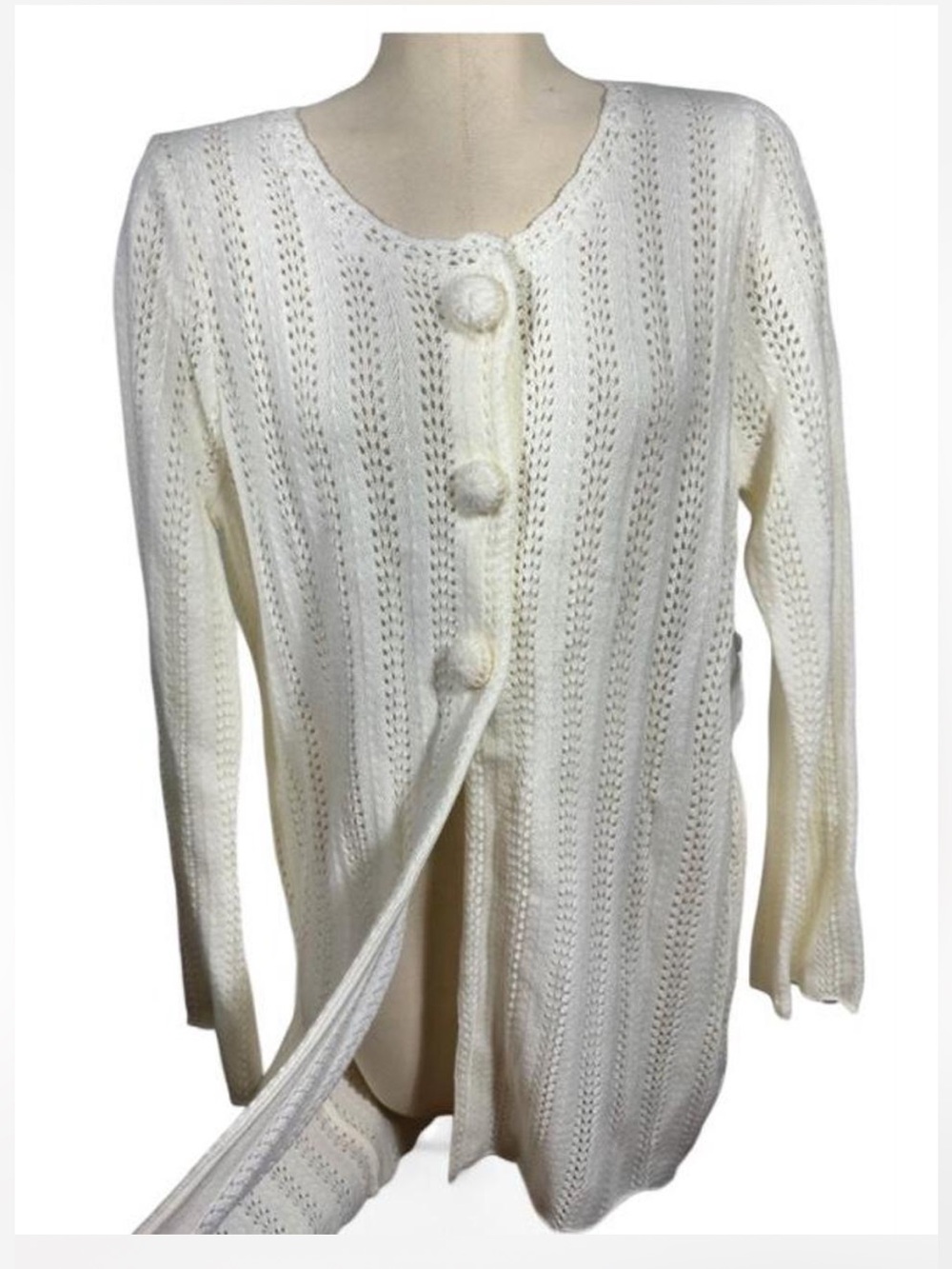 NWT Judith Hart XL Ivory Cream Open-Knit Button Cardigan Sweater